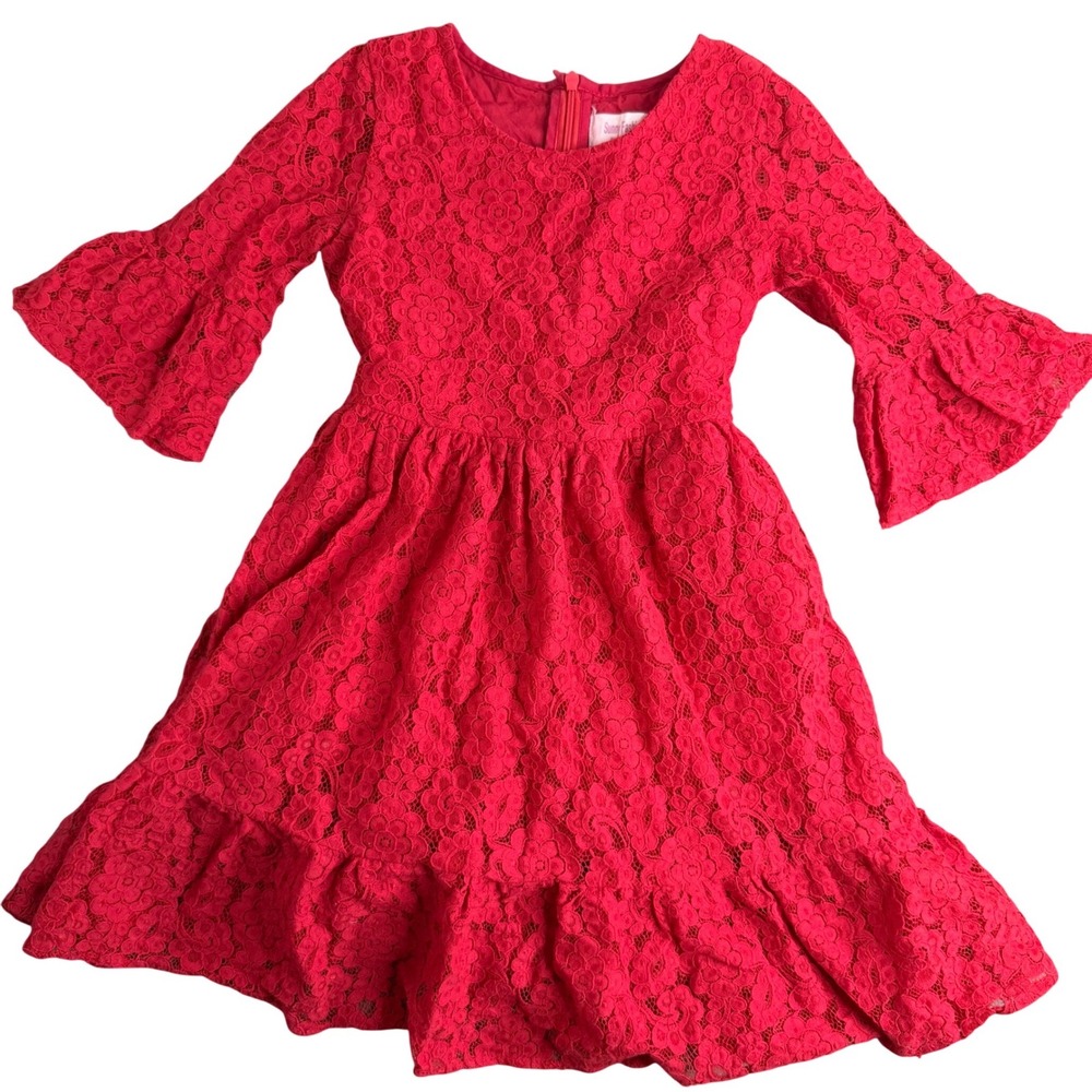 Sunny Fashion Girls Red Floral Lace Bell Sleeve Ruffle Dress Size 6 Event